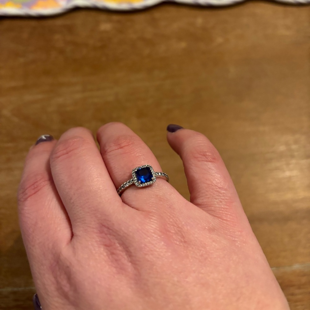 Pandora Sparkling Square Blue Halo Ring Size 54